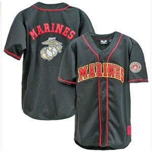 USMC Marines Baseball Button Down Jersey Shirt Adult L Black Short Sleeve Casual